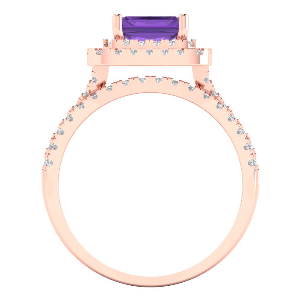 3.05 cttw Emerald Cut Natural Amethyst Bridal Set - Solid Rose Gold Engagement Ring & Wedding Band
