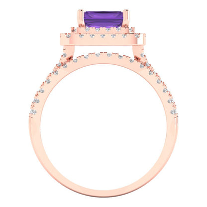 3.05 cttw Emerald Cut Natural Amethyst Bridal Set - Solid Rose Gold Engagement Ring & Wedding Band
