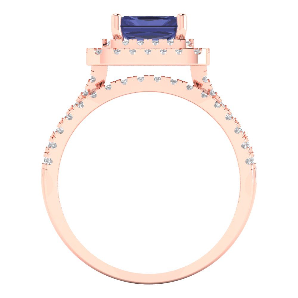 3.05 cttw Emerald Cut Simulated Tanzanite Bridal Set - Solid Rose Gold Engagement Ring & Wedding Band