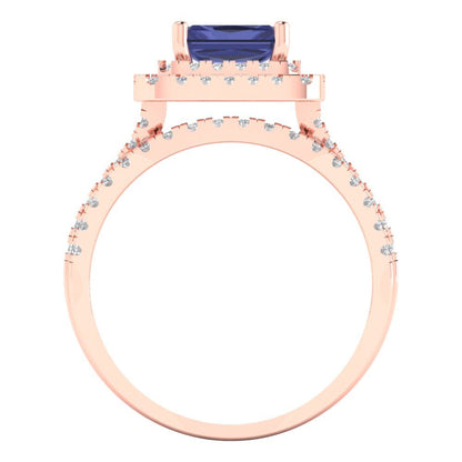 3.05 cttw Emerald Cut Simulated Tanzanite Bridal Set - Solid Rose Gold Engagement Ring & Wedding Band