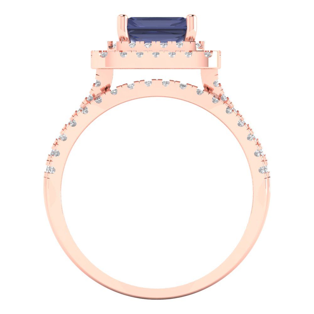 3.05 cttw Emerald Cut Simulated Blue Sapphire Bridal Set - Solid Rose Gold Engagement Ring & Wedding Band