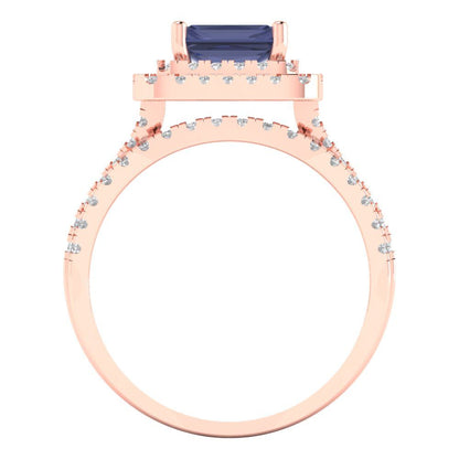 3.05 cttw Emerald Cut Simulated Blue Sapphire Bridal Set - Solid Rose Gold Engagement Ring & Wedding Band