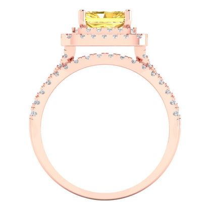 3.05 cttw Emerald Cut Simulated Yellow Diamond Bridal Set - Solid Rose Gold Engagement Ring & Wedding Band