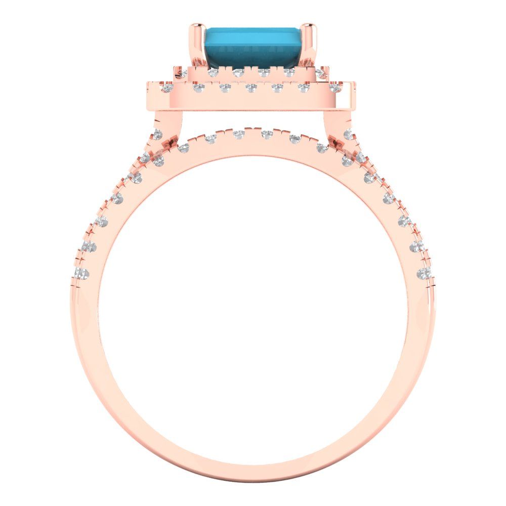 3.05 cttw Emerald Cut Simulated Turquoise Bridal Set - Solid Rose Gold Engagement Ring & Wedding Band