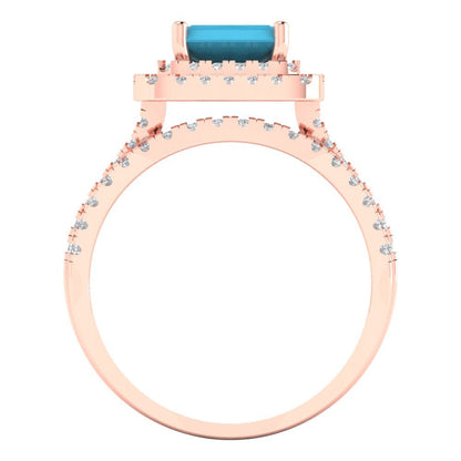 3.05 cttw Emerald Cut Simulated Turquoise Bridal Set - Solid Rose Gold Engagement Ring & Wedding Band