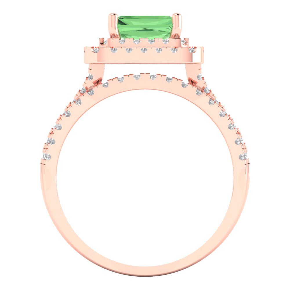 3.05 cttw Emerald Cut Simulated Green Diamond Bridal Set - Solid Rose Gold Engagement Ring & Wedding Band