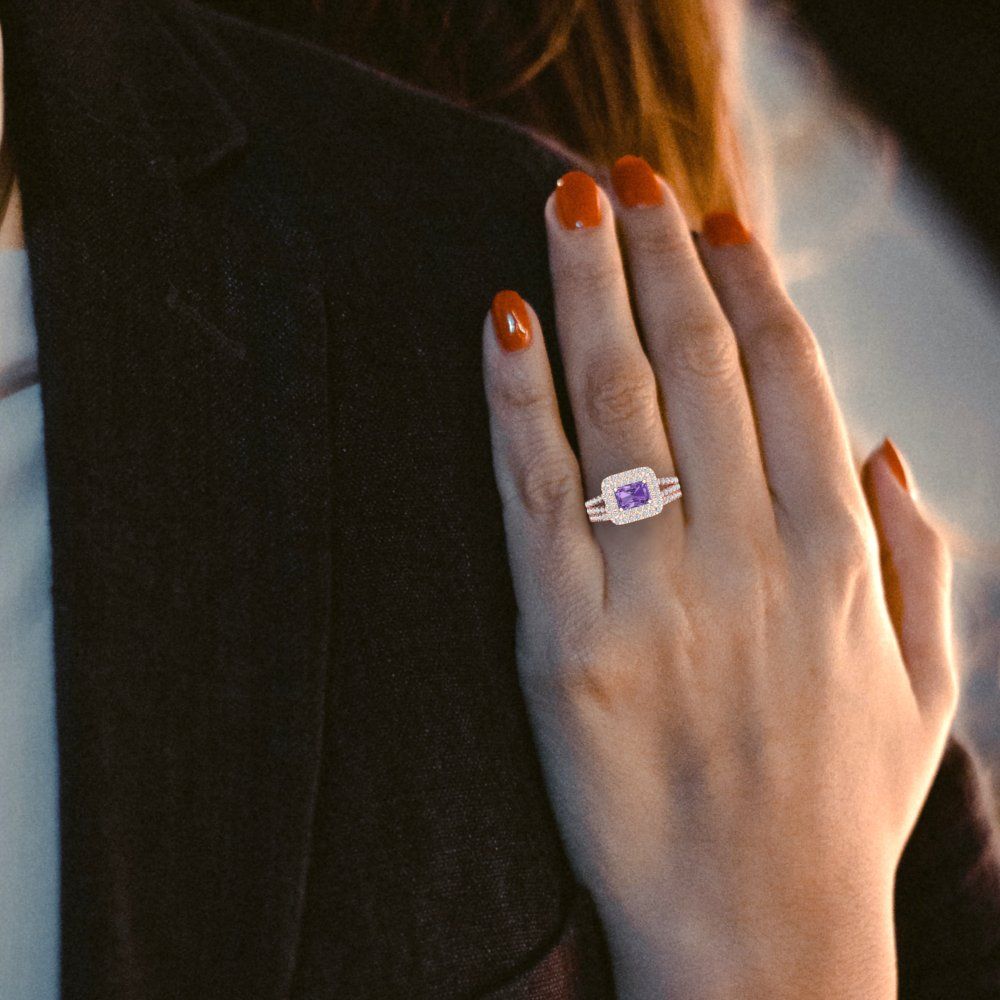 3.05 cttw Emerald Cut Simulated Alexandrite Bridal Set - Solid Rose Gold Engagement Ring & Wedding Band