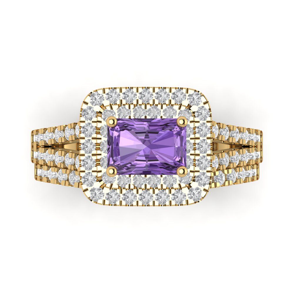 3.05 cttw Emerald Cut Simulated Alexandrite Bridal Set - Solid Yellow Gold Engagement Ring & Wedding Band