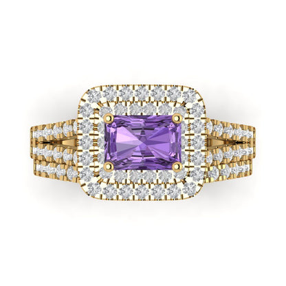 3.05 cttw Emerald Cut Simulated Alexandrite Bridal Set - Solid Yellow Gold Engagement Ring & Wedding Band