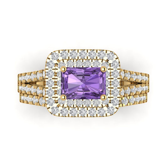 3.05 cttw Emerald Cut Simulated Alexandrite Bridal Set - Solid Yellow Gold Engagement Ring & Wedding Band