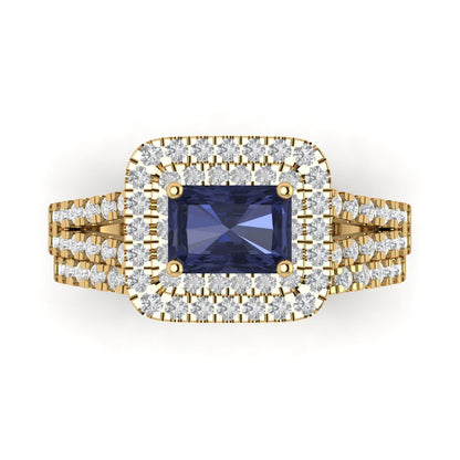 3.05 cttw Emerald Cut Simulated Blue Sapphire Bridal Set - Solid Yellow Gold Engagement Ring & Wedding Band