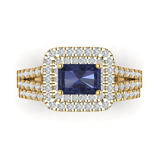 3.05 cttw Emerald Cut Simulated Blue Sapphire Bridal Set - Solid Yellow Gold Engagement Ring & Wedding Band