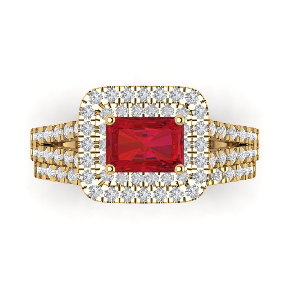 3.05 cttw Emerald Cut Simulated Pink Tourmaline Bridal Set - Solid Yellow Gold Engagement Ring & Wedding Band