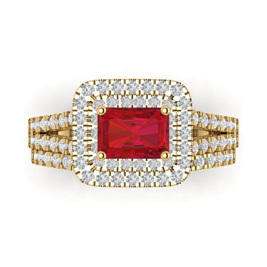3.05 cttw Emerald Cut Simulated Pink Tourmaline Bridal Set - Solid Yellow Gold Engagement Ring & Wedding Band