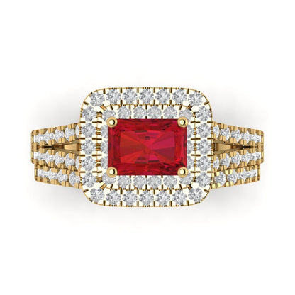 3.05 cttw Emerald Cut Simulated Ruby Bridal Set - Solid Yellow Gold Engagement Ring & Wedding Band