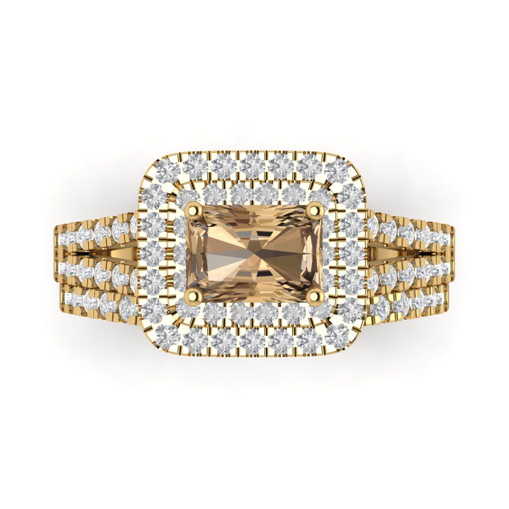 3.05 cttw Emerald Cut Simulated Champagne Diamond Bridal Set - Solid Yellow Gold Engagement Ring & Wedding Band