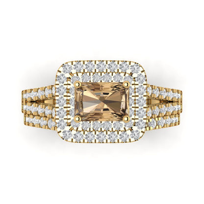 3.05 cttw Emerald Cut Simulated Champagne Diamond Bridal Set - Solid Yellow Gold Engagement Ring & Wedding Band