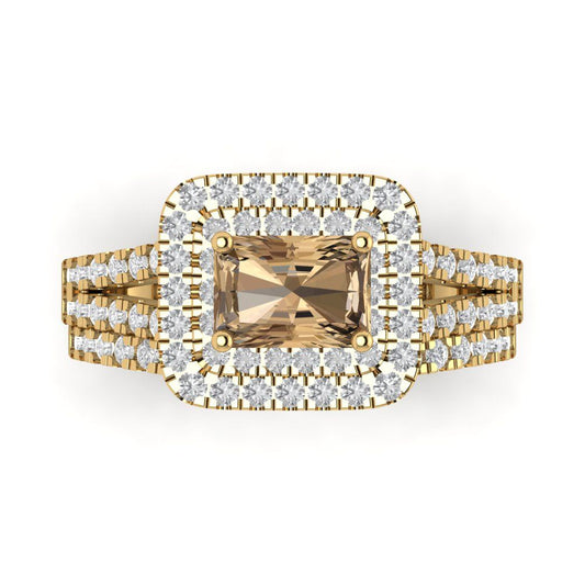 3.05 cttw Emerald Cut Simulated Champagne Diamond Bridal Set - Solid Yellow Gold Engagement Ring & Wedding Band