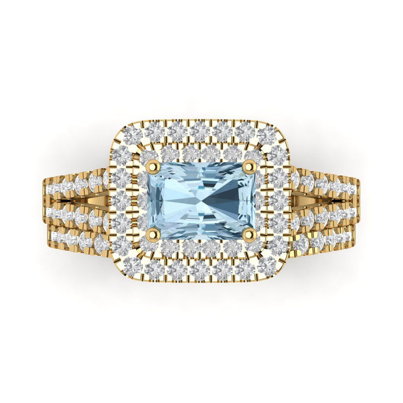 3.05ct Brilliant Emerald Cut Natural Aquamarine Stone Yellow Gold Halo  Solitaire with Accents Bridal Set