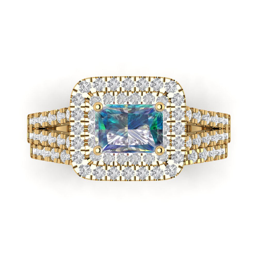 3.05 cttw Emerald Cut Blue Moissanite Bridal Set - Solid Yellow Gold Engagement Ring & Wedding Band