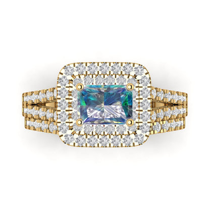 3.05 cttw Emerald Cut Blue Moissanite Bridal Set - Solid Yellow Gold Engagement Ring & Wedding Band