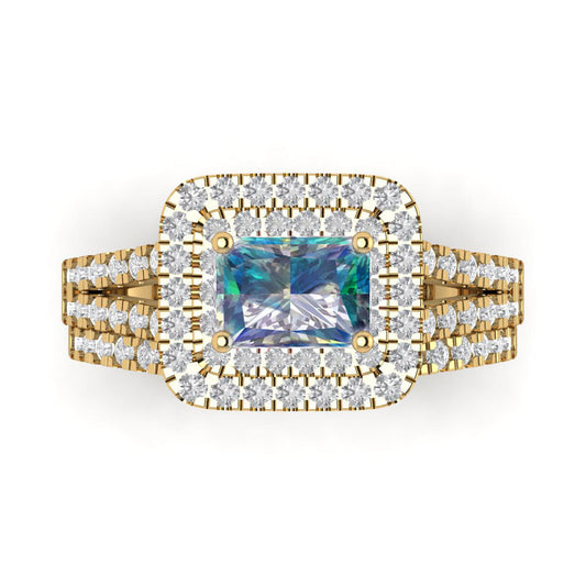 3.05 cttw Emerald Cut Blue Moissanite Bridal Set - Solid Yellow Gold Engagement Ring & Wedding Band