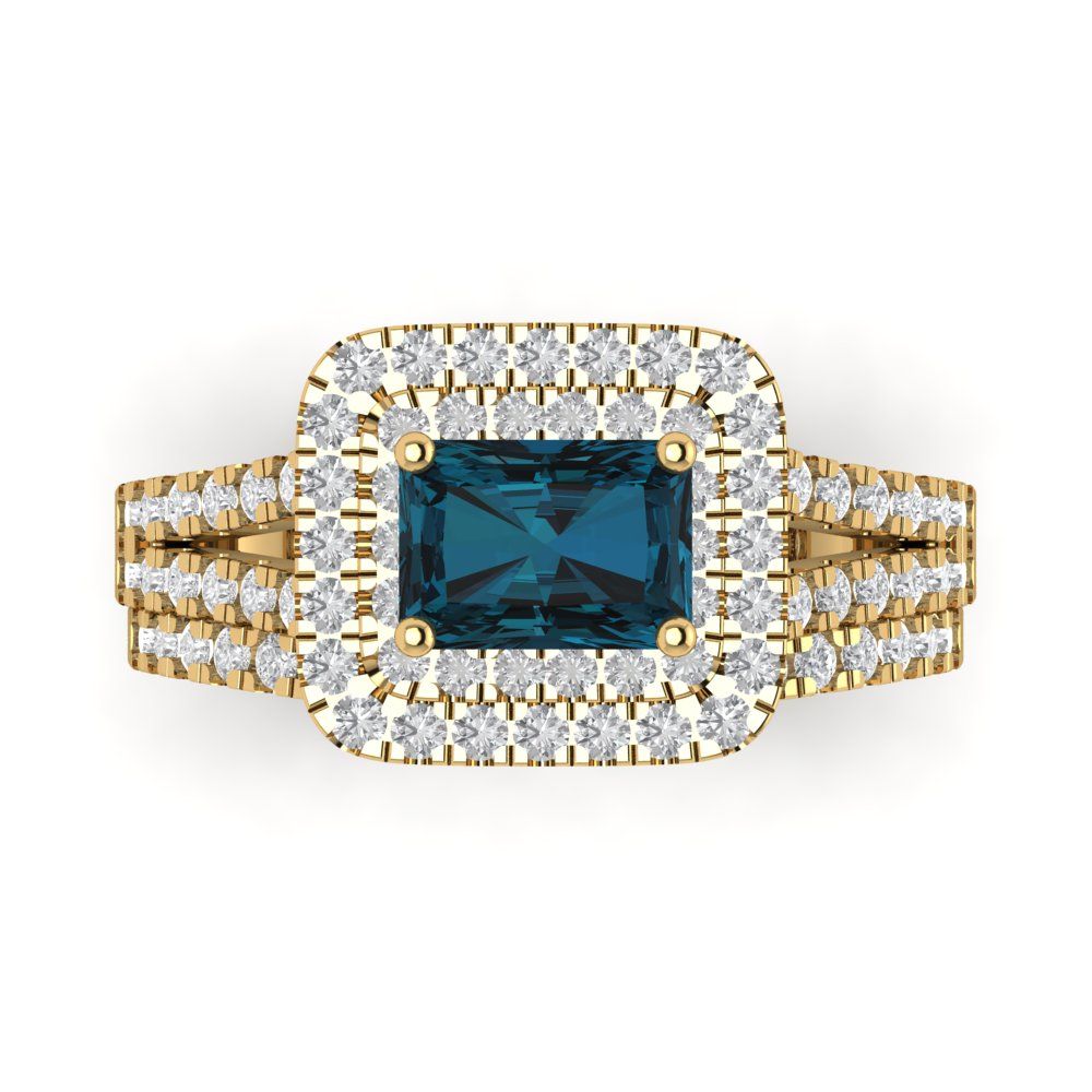3.05 cttw Emerald Cut Natural London Blue Topaz Bridal Set - Solid Yellow Gold Engagement Ring & Wedding Band