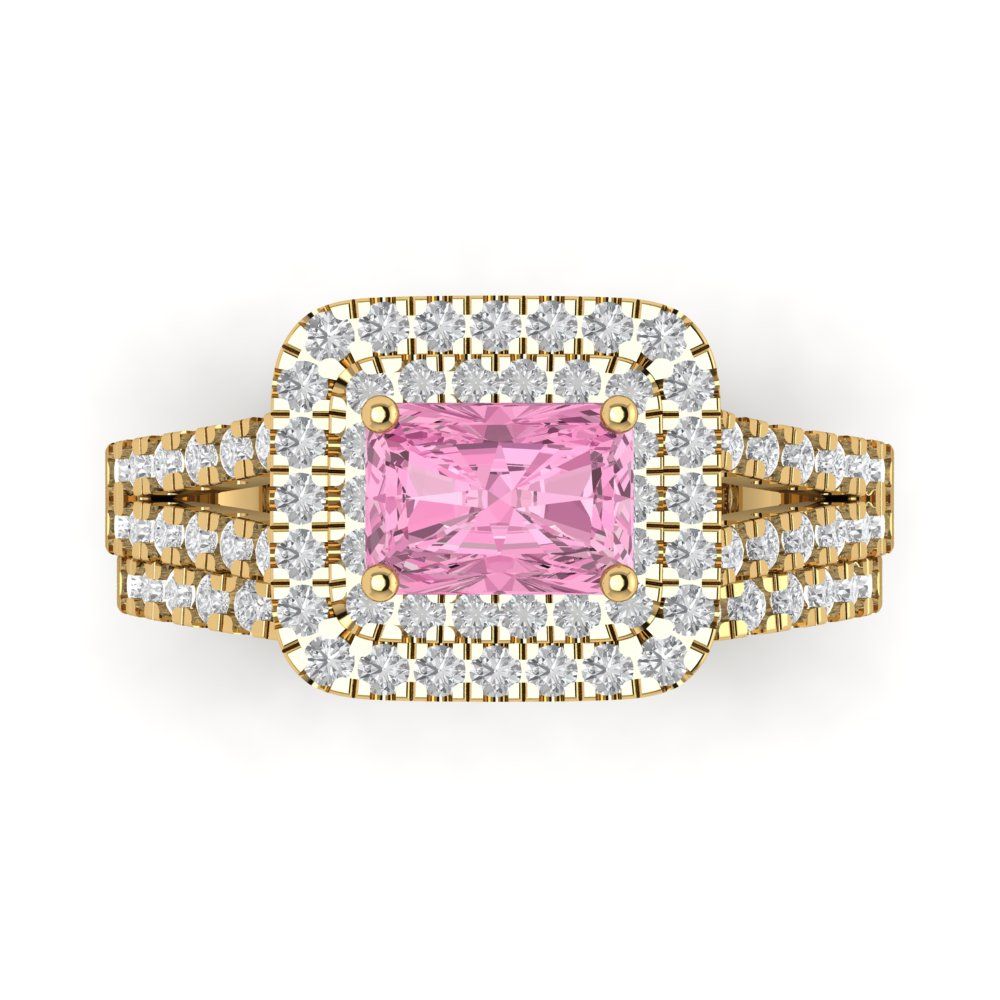 3.05 cttw Emerald Cut Simulated Pink Diamond Bridal Set - Solid Yellow Gold Engagement Ring & Wedding Band