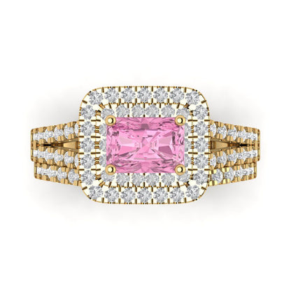 3.05 cttw Emerald Cut Simulated Pink Diamond Bridal Set - Solid Yellow Gold Engagement Ring & Wedding Band