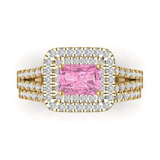 3.05 cttw Emerald Cut Simulated Pink Diamond Bridal Set - Solid Yellow Gold Engagement Ring & Wedding Band