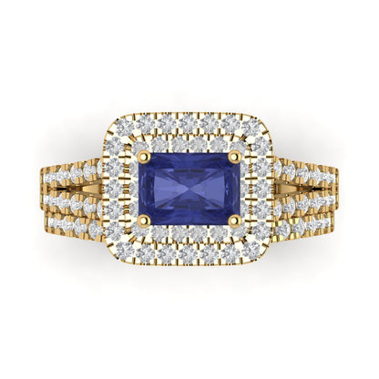 3.05 cttw Emerald Cut Simulated Tanzanite Bridal Set - Solid Yellow Gold Engagement Ring & Wedding Band