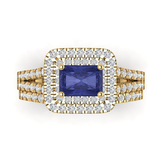 3.05 cttw Emerald Cut Simulated Tanzanite Bridal Set - Solid Yellow Gold Engagement Ring & Wedding Band
