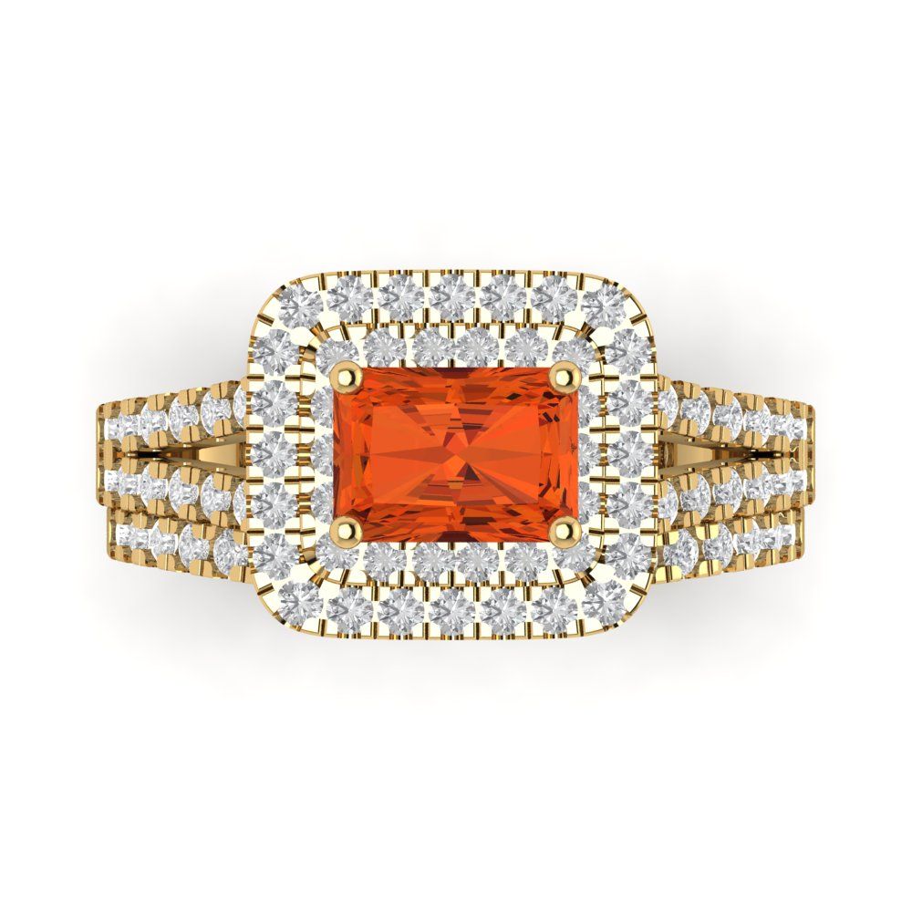 3.05 cttw Emerald Cut Simulated Red Diamond Bridal Set - Solid Yellow Gold Engagement Ring & Wedding Band