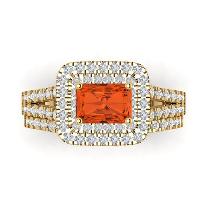 3.05 cttw Emerald Cut Simulated Red Diamond Bridal Set - Solid Yellow Gold Engagement Ring & Wedding Band