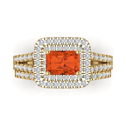 3.05 cttw Emerald Cut Simulated Red Diamond Bridal Set - Solid Yellow Gold Engagement Ring & Wedding Band