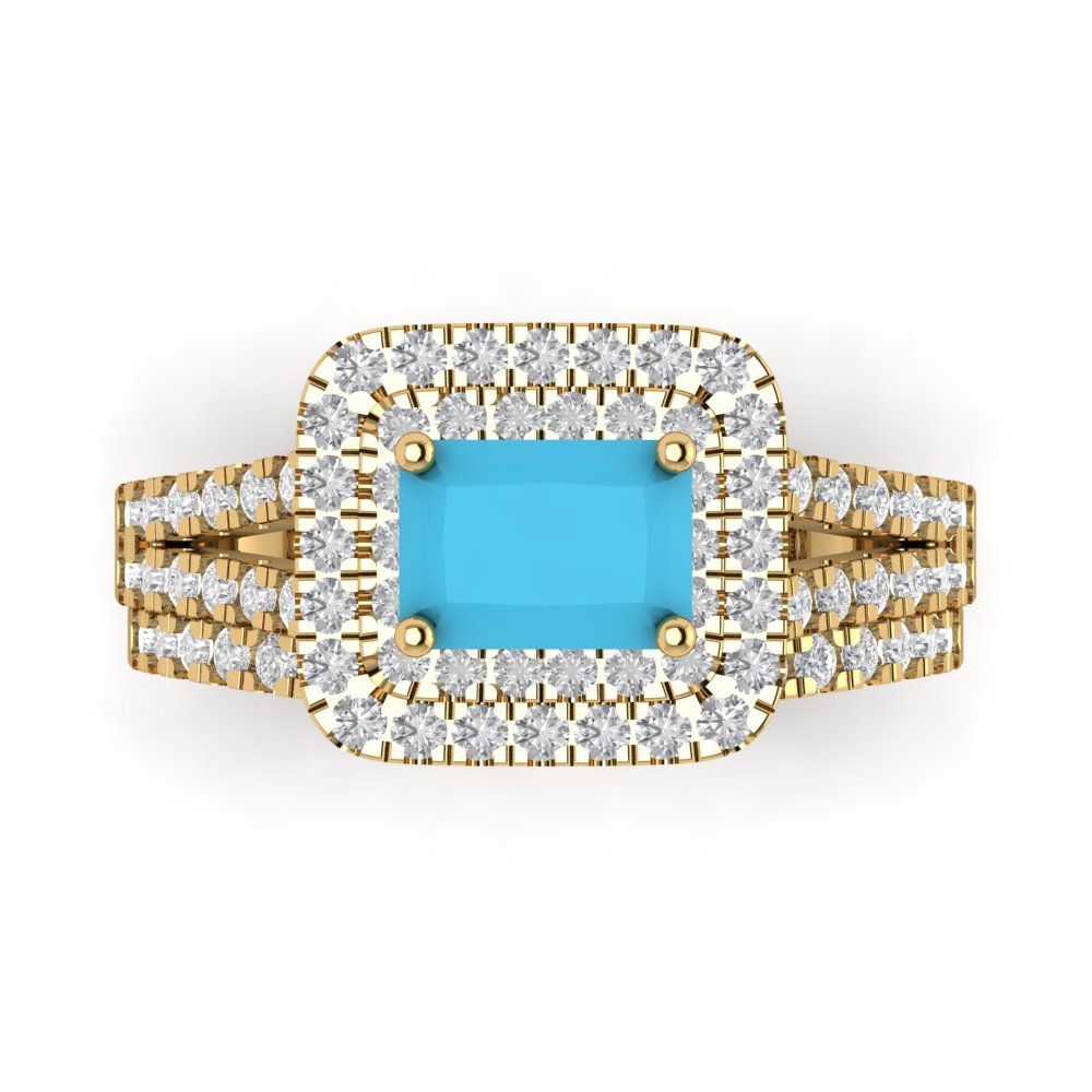 3.05 cttw Emerald Cut Simulated Turquoise Bridal Set - Solid Yellow Gold Engagement Ring & Wedding Band