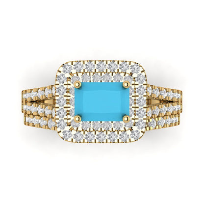 3.05 cttw Emerald Cut Simulated Turquoise Bridal Set - Solid Yellow Gold Engagement Ring & Wedding Band