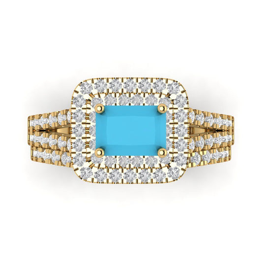 3.05 cttw Emerald Cut Simulated Turquoise Bridal Set - Solid Yellow Gold Engagement Ring & Wedding Band