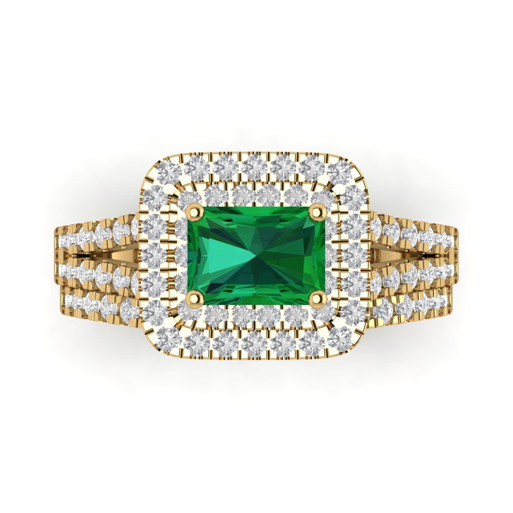 3.05 cttw Emerald Cut Simulated Emerald Bridal Set - Solid Yellow Gold Engagement Ring & Wedding Band