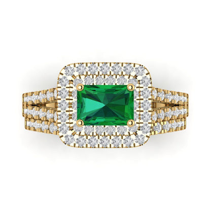 3.05 cttw Emerald Cut Simulated Emerald Bridal Set - Solid Yellow Gold Engagement Ring & Wedding Band
