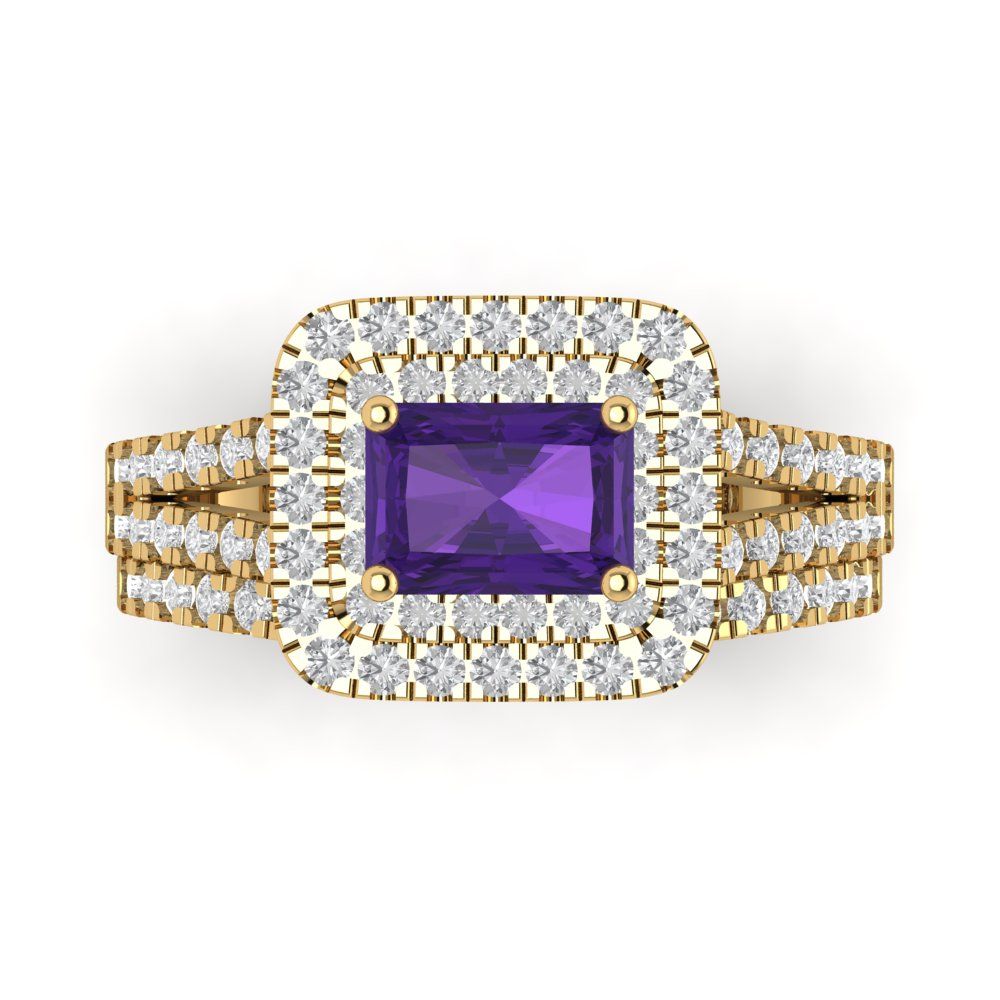 3.05 cttw Emerald Cut Natural Amethyst Bridal Set - Solid Yellow Gold Engagement Ring & Wedding Band