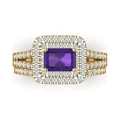 3.05 cttw Emerald Cut Natural Amethyst Bridal Set - Solid Yellow Gold Engagement Ring & Wedding Band