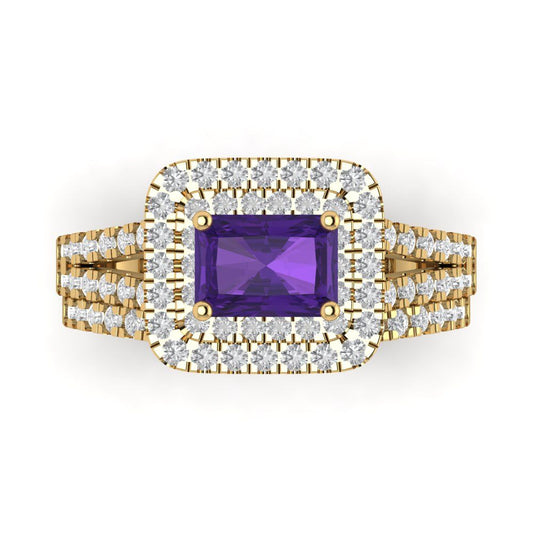 3.05 cttw Emerald Cut Natural Amethyst Bridal Set - Solid Yellow Gold Engagement Ring & Wedding Band
