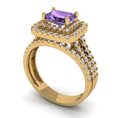 3.05 cttw Emerald Cut Simulated Alexandrite Bridal Set - Solid Yellow Gold Engagement Ring & Wedding Band