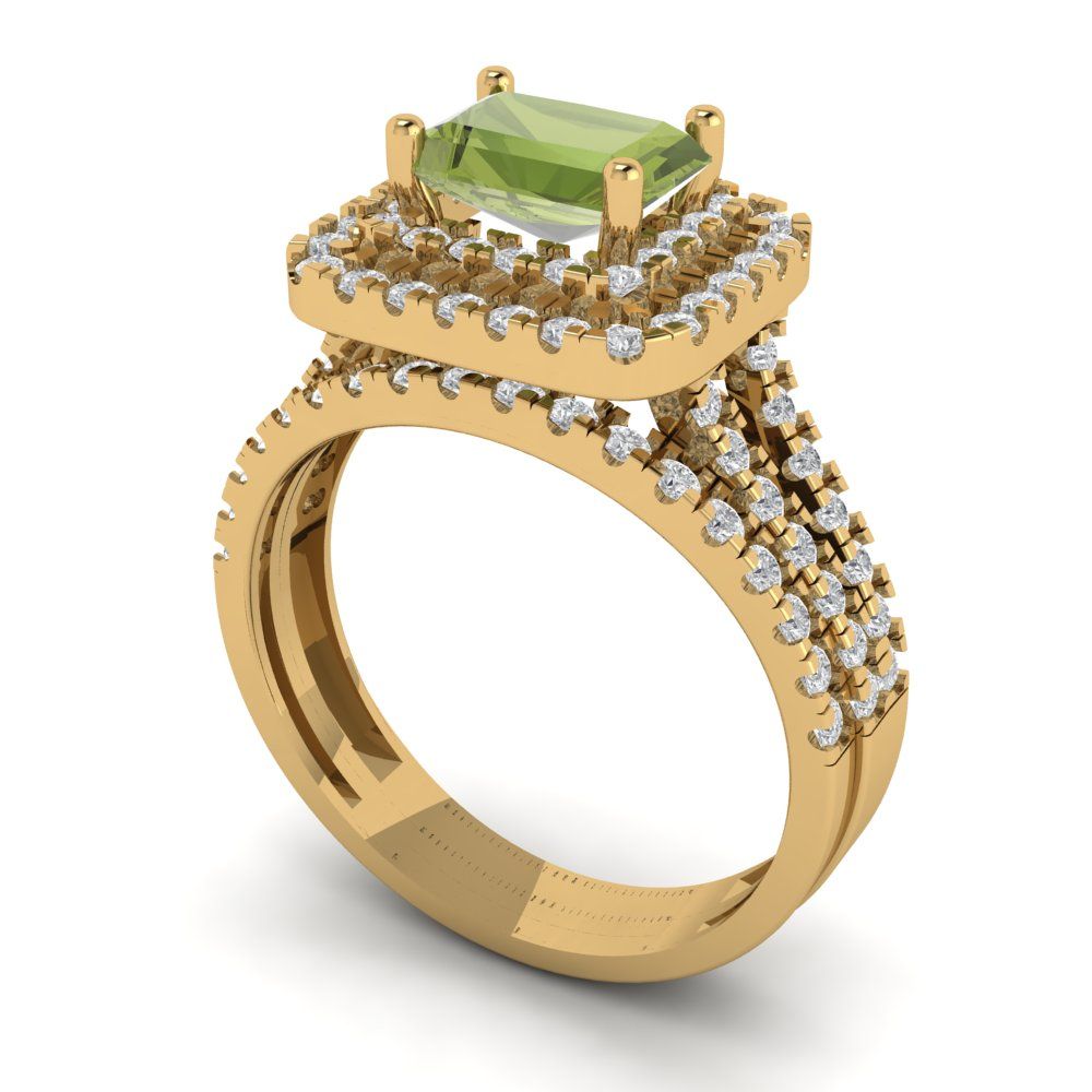3.05 cttw Emerald Cut Natural Peridot Bridal Set - Solid Yellow Gold Engagement Ring & Wedding Band
