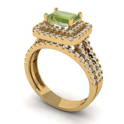 3.05 cttw Emerald Cut Natural Peridot Bridal Set - Solid Yellow Gold Engagement Ring & Wedding Band