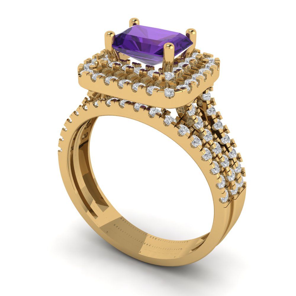 3.05 cttw Emerald Cut Natural Amethyst Bridal Set - Solid Yellow Gold Engagement Ring & Wedding Band