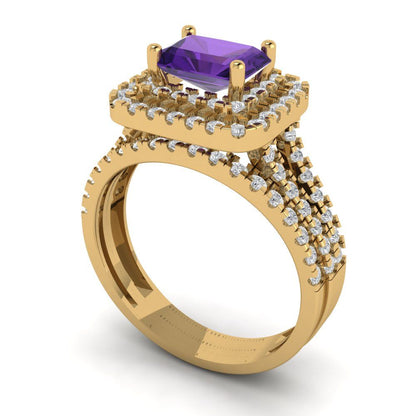 3.05 cttw Emerald Cut Natural Amethyst Bridal Set - Solid Yellow Gold Engagement Ring & Wedding Band