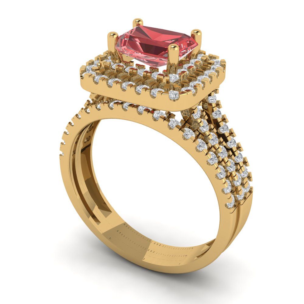 3.05 cttw Emerald Cut Natural Garnet Bridal Set - Solid Yellow Gold Engagement Ring & Wedding Band