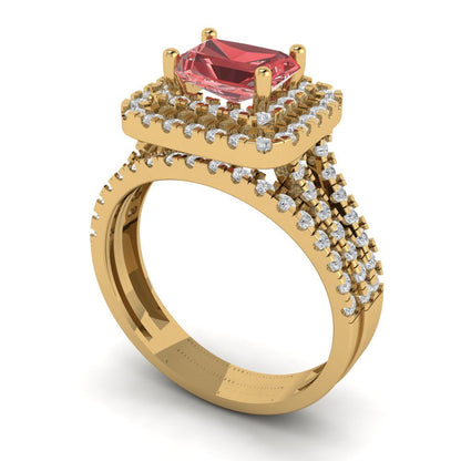 3.05 cttw Emerald Cut Natural Garnet Bridal Set - Solid Yellow Gold Engagement Ring & Wedding Band